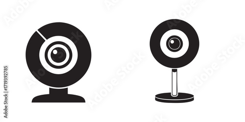 Minimal black and white webcam icon in circular style, suitable for video calls, conferencing, and online communication concepts.
