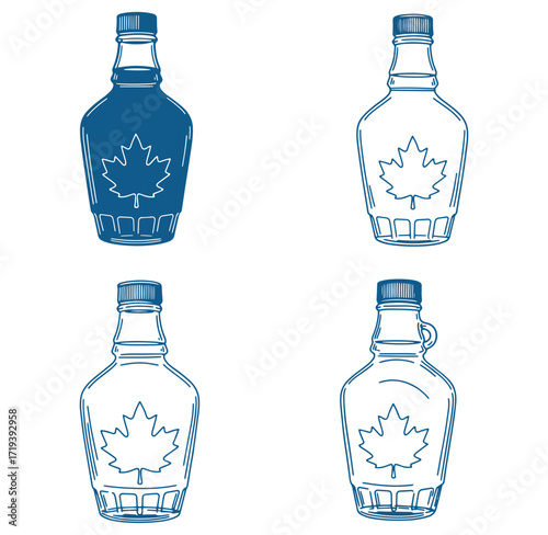 Outlined maple syrup bottle variations featuring the canadian maple leaf emblem on white background