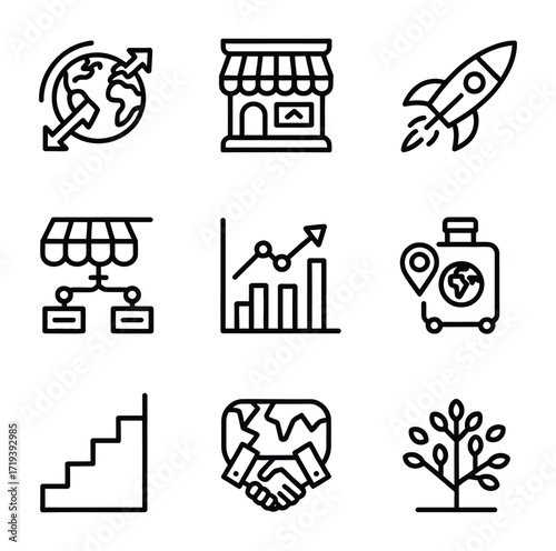 Business growth and global expansion icons rocket