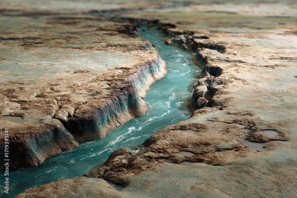 Obraz premium A turquoise river winds through a cracked, tan landscape