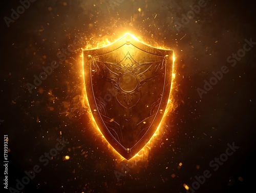 Glowing fiery shield emblem with sparks and particles