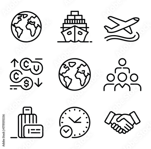 Global business travel and finance icons globe ship