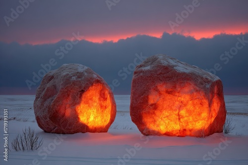 Two large, reddish-pink rocks, illuminated from within by warm light, stand in a snowy landscape at dawn or dusk