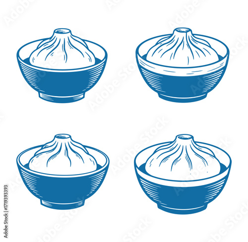 Set of four hand drawn illustrations of delicious dumplings served in bowls design