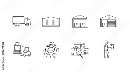Collection of warehouse and logistics icons including truck forklift and buildings silhouette