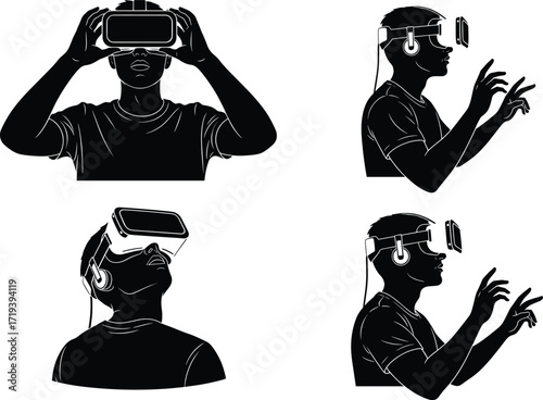 Virtual reality headset silhouette, immersive VR experience, futuristic technology interaction, black vector illustration, user gestures, gaming, simulation, digital lifestyle concept