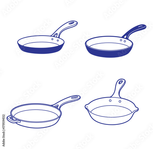 Simple illustrated collection of various styles of blue skillets on white background