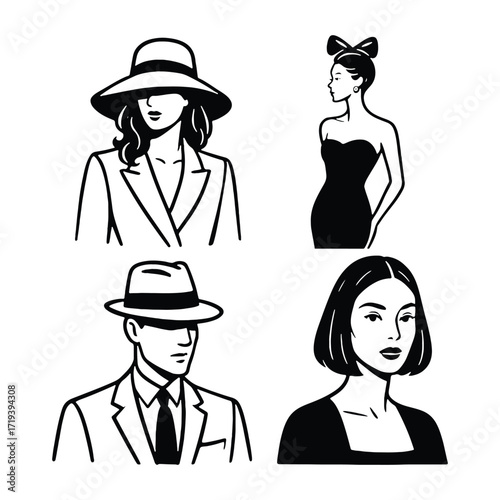 illustrated vintage old fashion outline Portraits of Beautiful Men and Women