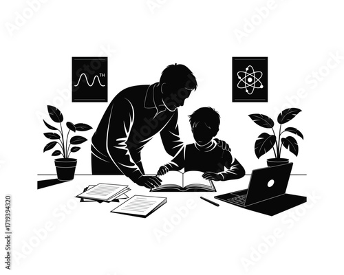 Teacher guiding a student with a book and laptop in a science classroom setting with plants and diagrams