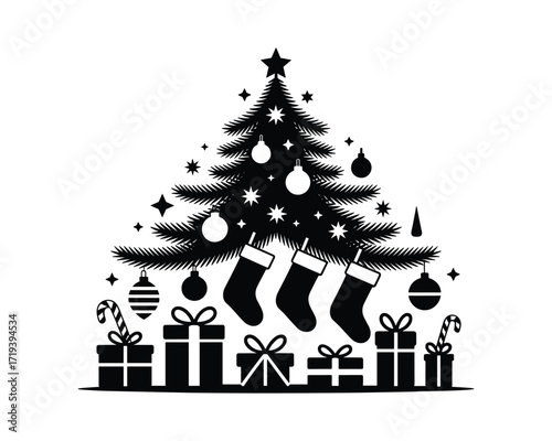 Black and white silhouette of a decorated christmas tree with presents and stockings
