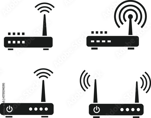Wireless router icons, black and white vector, Wi-Fi signal symbols, internet device silhouettes, network equipment illustration, tech connectivity graphic set