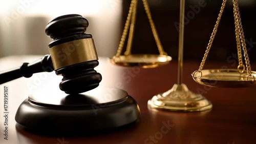 Legal Gavel And Scales Of Justice Still Life Image On A Wooden Table