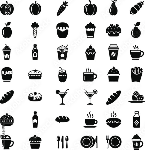 Collection of food and drink icons in silhouette style