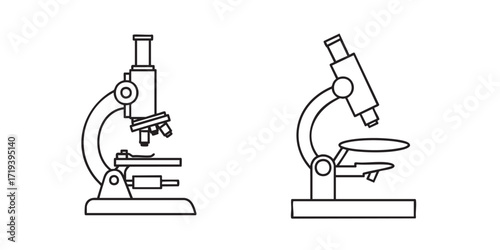 Black and white microscope icon in minimal outline style, great for laboratory, research, and education themes.
