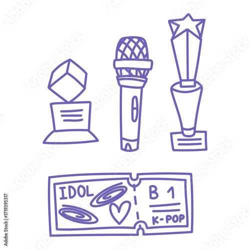Purple K-Pop doodle includes musical IDOL items. Microphone, awards, concert ticket. Items thanks to fans. Musical IDOL. Korea, fashion, youth cultural and musical trends.