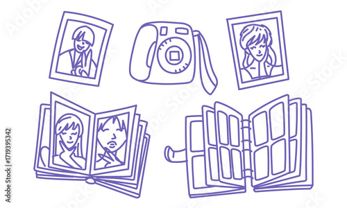 Purple K-Pop doodle includes albums of music IDOL cards. Boy card, girl card, photo album, photo magazine, camera. IDOL photo. Korea, fashion, youth cultural and music trends.