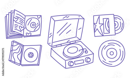 Purple K-Pop doodle includes tools related to IDOL music. Modern player, discs, records, music albums, boxes, and books. Musical items. Korea, fashion, and youthful cultural and musical trends.
