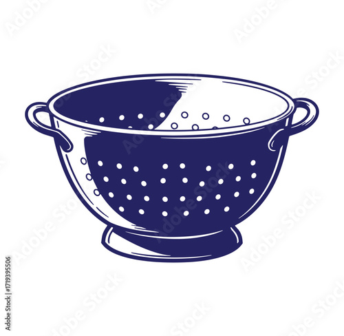 Vector illustration of a classic blue kitchen colander for food preparation and cooking tasks