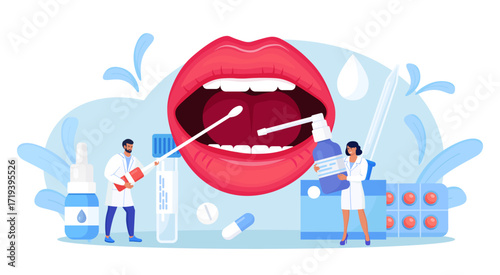 Otolaryngology. ENT treating diseases throat and neck. Otolaryngologist examines patient. Doctor prescribes medications for girl with sore throat. Inflamed tonsils, bacterial and viral infection