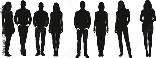 People silhouettes set, male and female figures, gender diversity icons, standing poses, business illustration, character design, identity artwork, human lineup