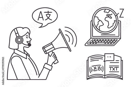 Hand-drawn vector cartoon icons of a diverse set of men and women working in different business and office situations