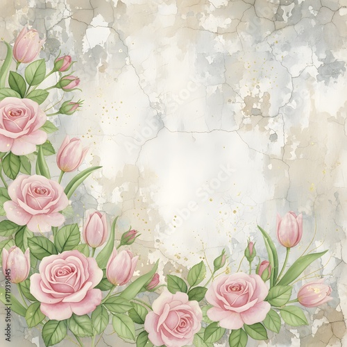 Elegant Pink Roses and Tulips Adorn a Textured Aged Background with Subtle Gold Accents