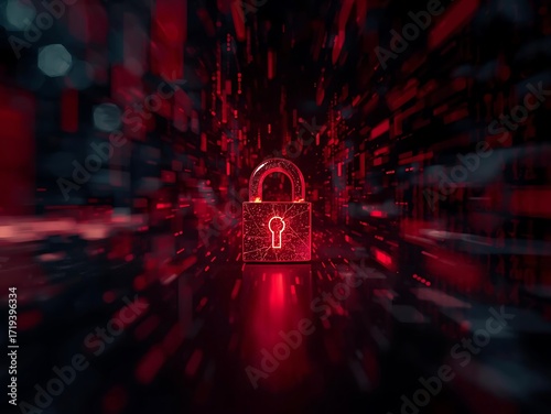 Glowing red digital padlock symbolizing cyber security and data protection