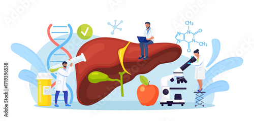 Tiny Doctors Treat the Liver Disease. Medical Diagnosis of Hepatitis A, B, C, D, Cirrhosis. Group of Doctors Examining Patient Inner Organs, Performing Lab Tests, Biopsy, Molecular Analysis