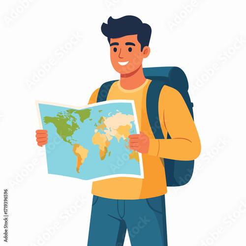 Smiling young man with a backpack, studying a world map.