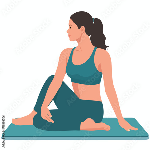 Woman practicing a seated twist yoga pose on a mat.