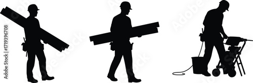 Silhouettes of Construction Workers Carrying Lumber and Operating Power Tools – Black and White Vector Illustration