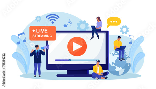 Live streaming, broadcast vlog. Video streaming podcast. Tiny people watch live stream in social networks and sharing online video. Business working process