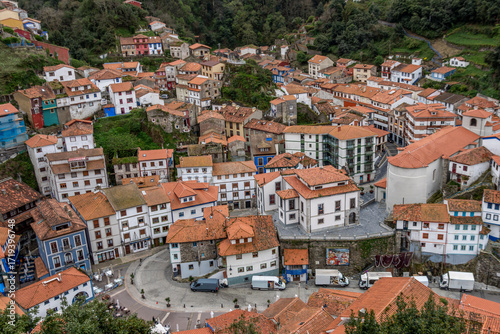 View Of Cudillero Village Center With Colorful Houses And Terracotta Roofs. Spanish town square, traditional architecture, Asturias northern Spain