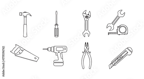 Collection of hand tools and power tools in a simple outline silhouette