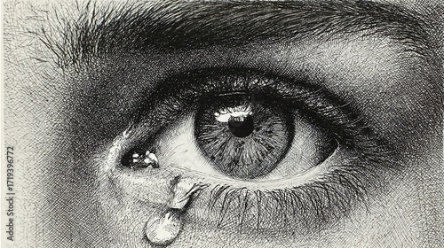 Detailed graphite drawing of eye with teardrop, clear lines, high quality shading, realistic reflections, emotional expression, artistic dramatic close-up composition.