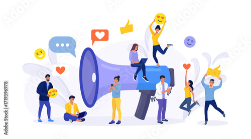Social media promotion services with megaphone. Big loudspeaker to communicate with audience. Attracting subscribers, positive feedback, followers. PR agency team for influencer digital marketing