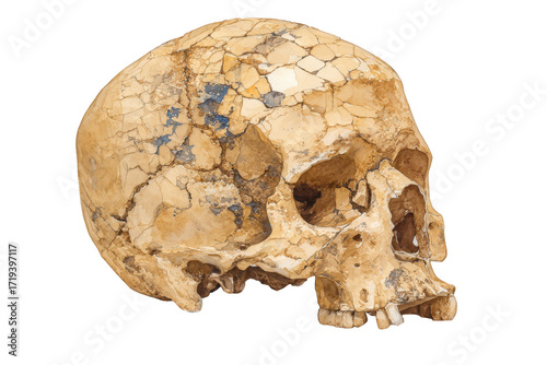 Ancient human skull fragment showing cracks and blue pigmentation isolated on transparent background