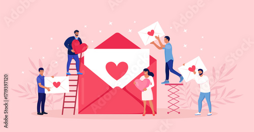 Tiny people send message with red heart. People stand near big envelope and put love letters in it. Happy Valentines day. Romantic email