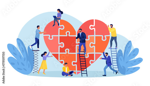 People put the puzzle pieces together to red heart shape form. Charity and donation. Give and share your love to people. Group of volunteers work for good purpose in social benefit activity