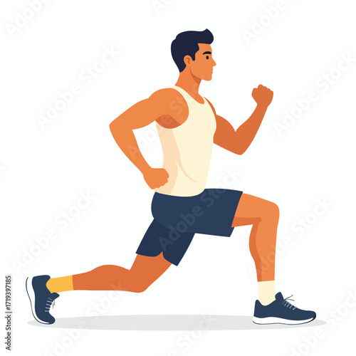 A muscular man performs a dynamic lunge, showcasing fitness and athleticism during a workout.
