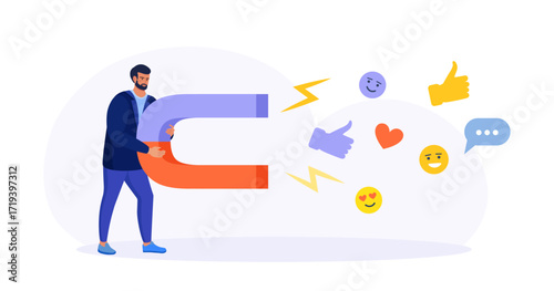 Social media marketing. Man with large magnet attracting social media content icons, likes, followers, chat messages. Search and attraction of target audience, new subscribers Social network promotion