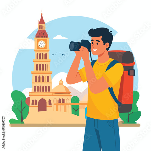 A smiling traveler photographs Big Ben, capturing a moment during a sightseeing trip.
