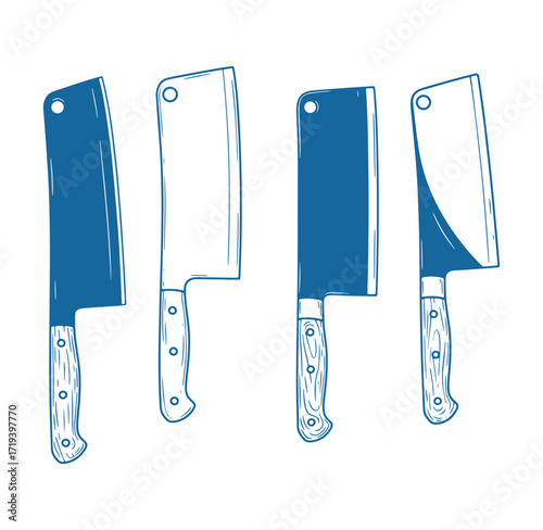 Vector illustration of four hand drawn butcher knives isolated on a white background