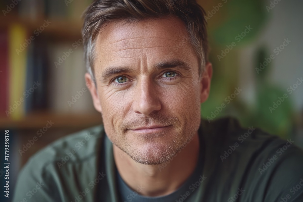 Fototapeta premium Close-up portrait of a man with a calm and thoughtful expression, featuring a neutral color palette and a softly focused background.