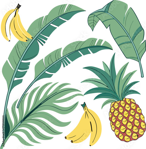 A vibrant vector illustration of a sweet, ripe banana and fresh pineapple, perfect for a healthy tropical dessert