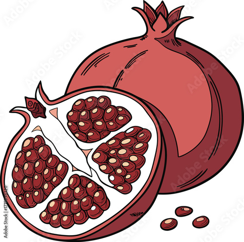 A juicy red pomegranate, with leaves and half a cut fruit, sits ripe and fresh on a white background