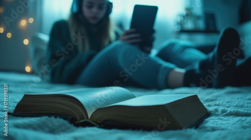 Open book on floor with blurred teenager in background holding smartphone, symbol of distraction from reading