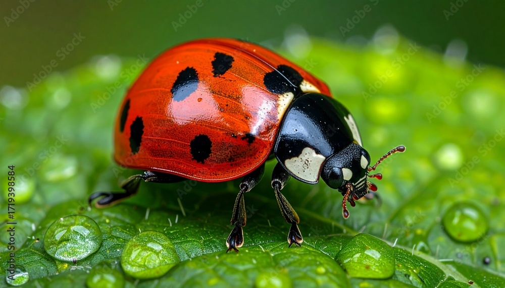 Fototapeta premium Ladybug on a Dew-Kissed Leaf A Macro Photograph