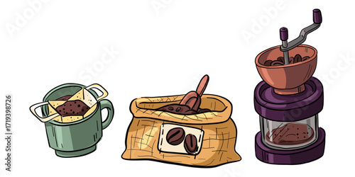 A set of items for making coffee. A color illustration of isolated items. Coffee in drip bags, a cloth bag with coffee beans, and a manual retro coffee grinder. A hot and invigorating coffee drink