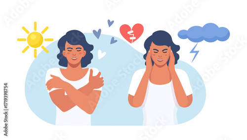 Woman in bad and good mood. Girl in stress of premenstrual syndrome and calm state of mind. PMS, mental health problems. Feelings, behavior expression. Various emotions and mood changes
